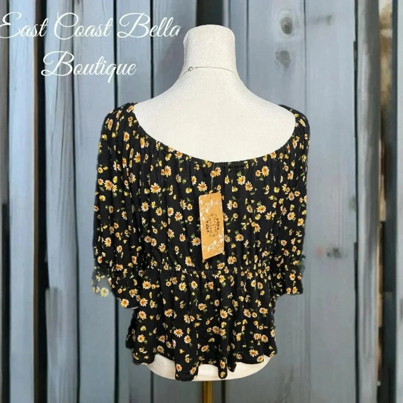 NWT Mason & Belle Cropped Blouse Short Sleeve Off Shoulder Black Floral Top XL - Picture 6 of 12